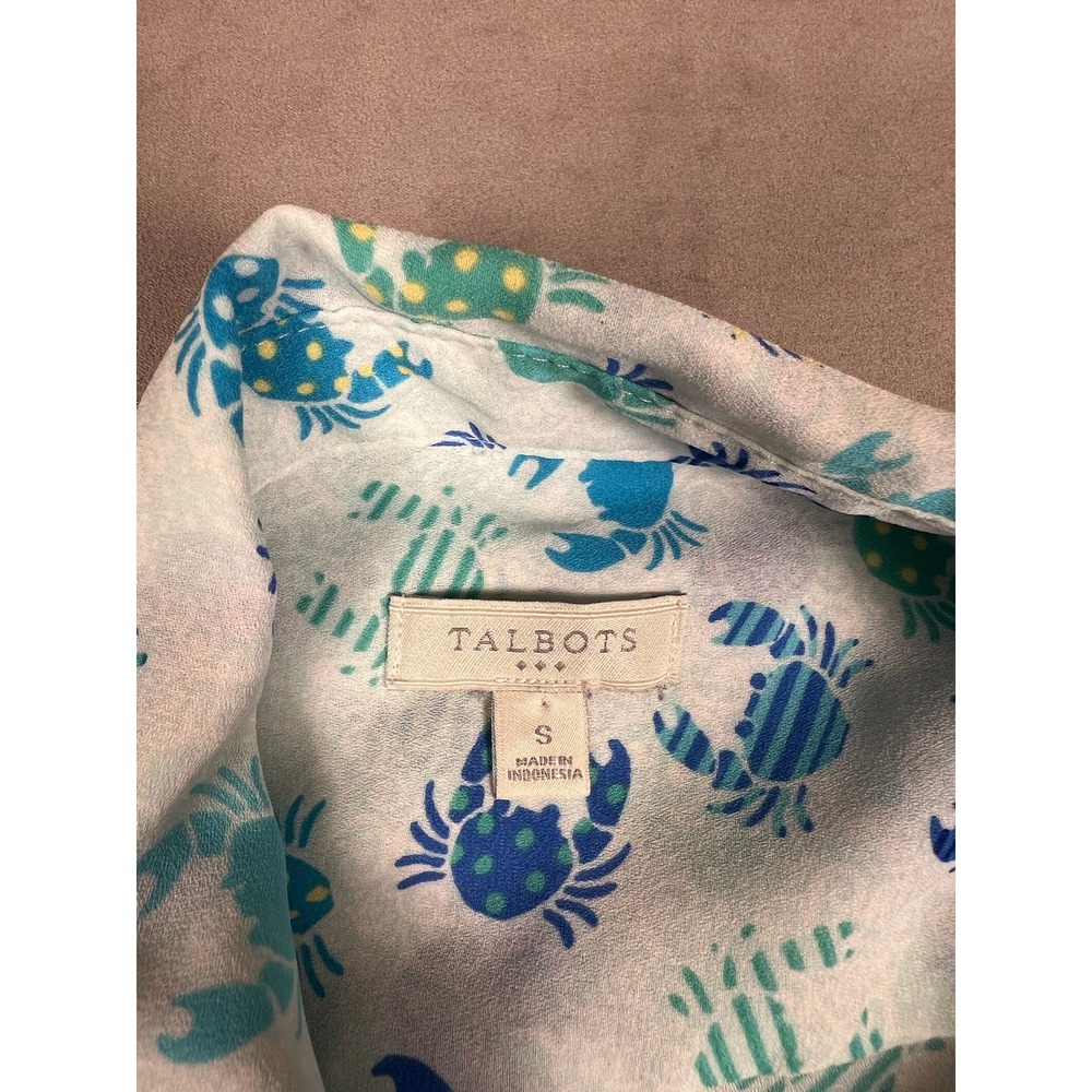 Talbots Womens Small White Blue Green Crab Print Sleeveless Button Down Shirt - Picture 3 of 3